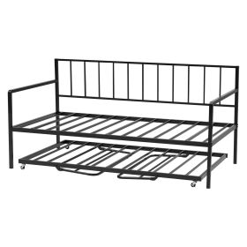 Twin Size Daybed Frame, Height Adjustable Day Bed with Trundle, Heavy Duty Metal Platform Bed Frame with LED Light and Charging Station