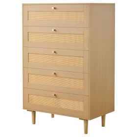 5 Drawer Rattan Dresser, Modern Closet Dresser for Bedroom, Natural Rattan Chest of Drawers with Metal Handles & Wooden Legs