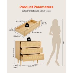 3 Drawer Rattan Dresser, Modern Closet Dresser for Bedroom, Natural Rattan Chest of Drawers with Metal Handles & Wooden Legs