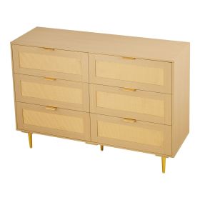 6 Drawer Rattan Dresser, Double Dresser for Bedroom, Natural Rattan Chest of Drawers with Metal Handles & Legs