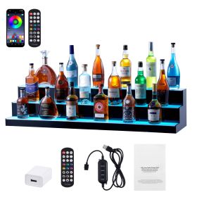 LED Lighted Liquor Bottle Display, 3 Tiers 48 Inch Commercial Illuminated Home Bar Shelf, 3 Steps Whiskey Rack Stand