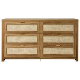 6 Drawer Rattan Dresser, Double Dresser for Bedroom, Natural Rattan Chest of Drawer with Metal Handle (Default: Default)