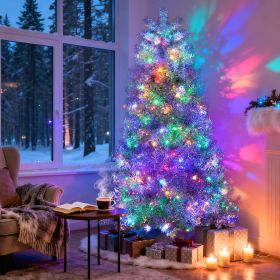 6FT Sliver Pre-Lit Artificial Christmas Tree, Hinged Full Tree with Metal Stand, 800 Branch Tips, 300 LED Lights,11 Lighting Modes (Color: Silver)